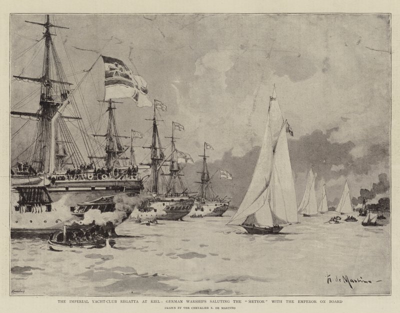 La regata del Club de Yates Imperial en Kiel, buques de guerra alemanes saludando al Meteor con el emperador a bordo de Eduardo de Martino
