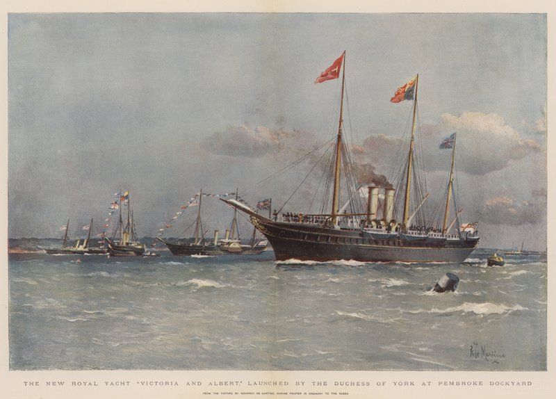 El nuevo yate real Victoria y Albert, lanzado por la Duquesa de York en el astillero de Pembroke (cromolitografía) de Eduardo de Martino