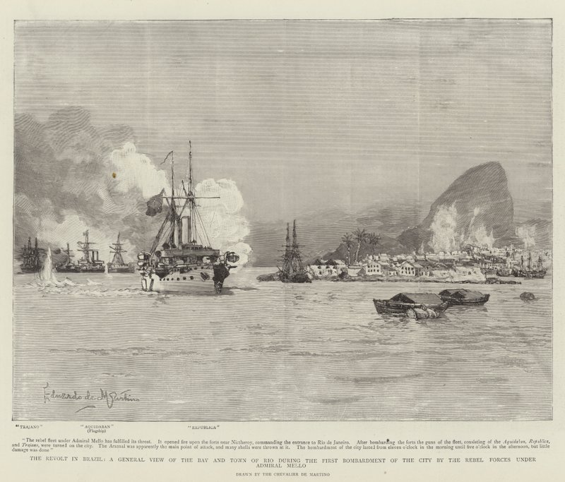 La revuelta en Brasil, vista general de la bahía y la ciudad de Río durante el primer bombardeo de la ciudad por las fuerzas rebeldes bajo el mando del almirante Mello de Eduardo de Martino