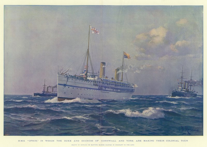 HMS Ophir, en la que el Duque y la Duquesa de Cornualles y York están haciendo su gira colonial de Eduardo de Martino