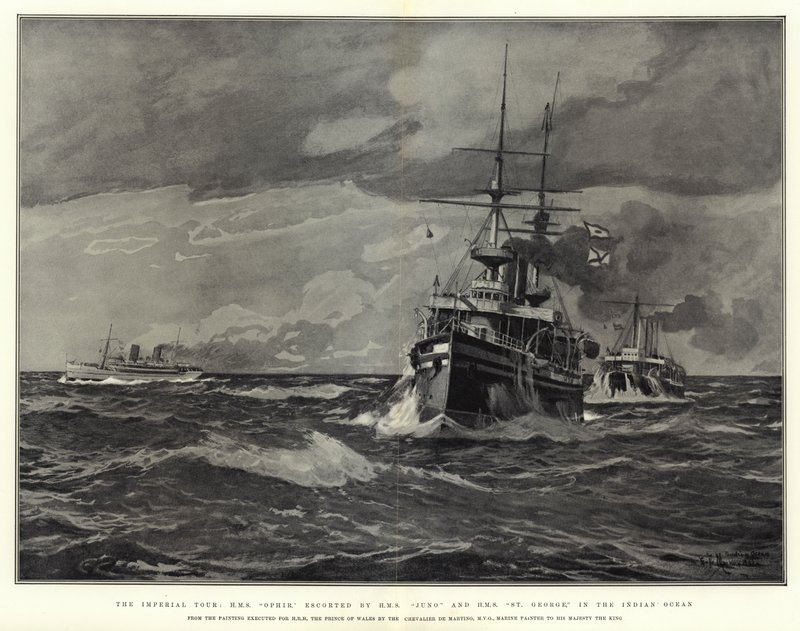 El Tour Imperial, H M S Ophir, escoltado por H M S Juno y H M S St George, en el Océano Índico de Eduardo de Martino