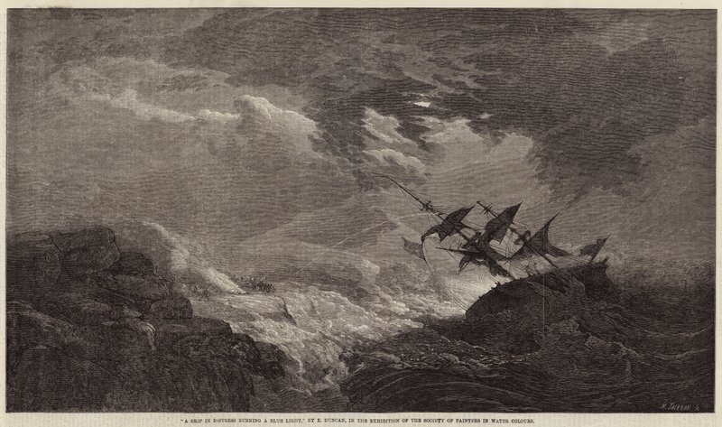 Un barco en apuros quemando una luz azul de Edward Duncan