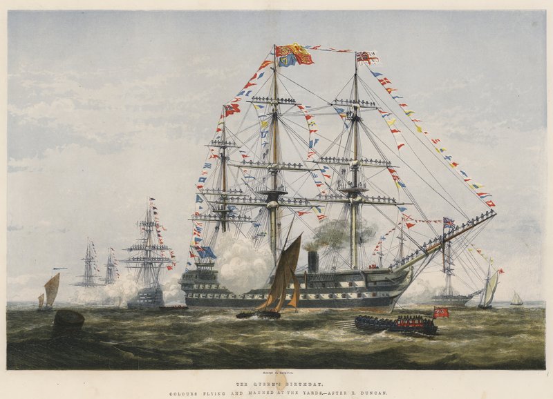 El cumpleaños de la reina, colores ondeando y tripulación en los mástiles de Edward Duncan