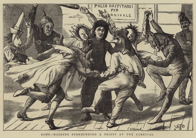 Roma, Enmascarados rodeando a un Sacerdote en el Carnaval de Edward Frederick Brewtnall