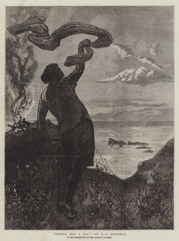 Sindbad ve una Vela, en la Exposición en la Galería Dudley de Edward Frederick Brewtnall