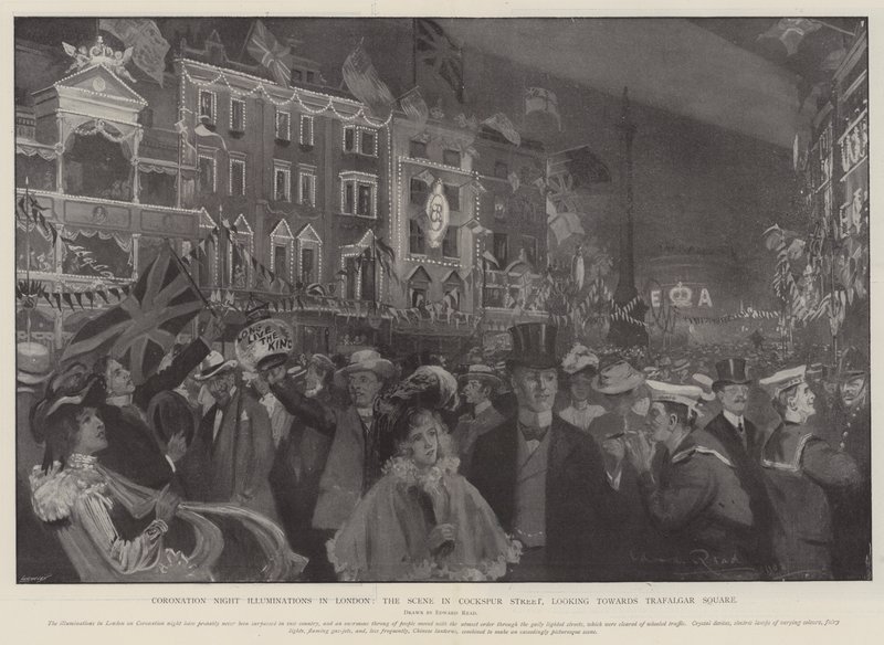Iluminaciones de la noche de la coronación en Londres, la escena en Cockspur Street, mirando hacia Trafalgar Square de Edward Read
