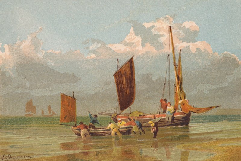 Barcos de pesca saliendo, frente a Norfolk (litografía en color) de Edward (after) Duncan