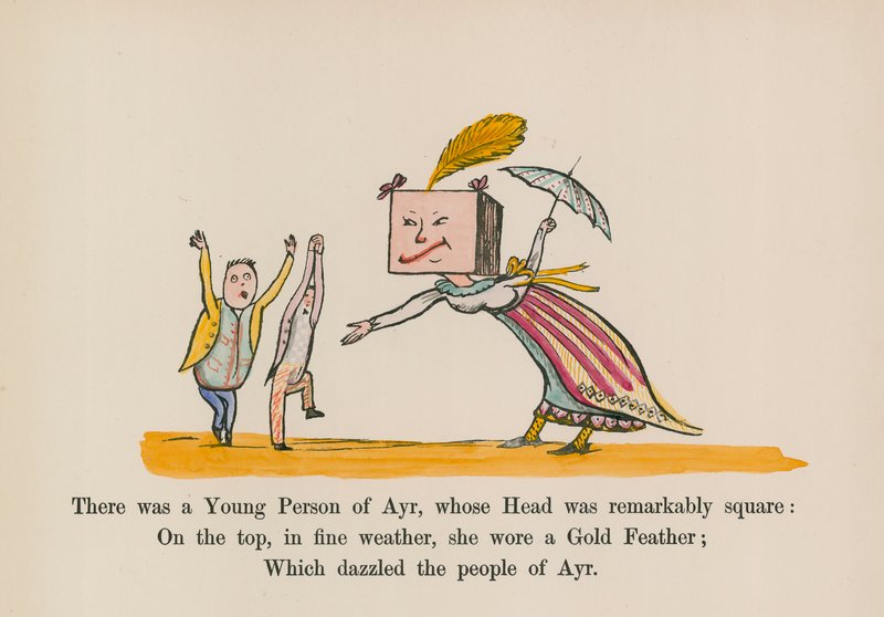 Había un joven de Ayr, cuya cabeza era notablemente cuadrada (grabado coloreado) de Edward (after) Lear