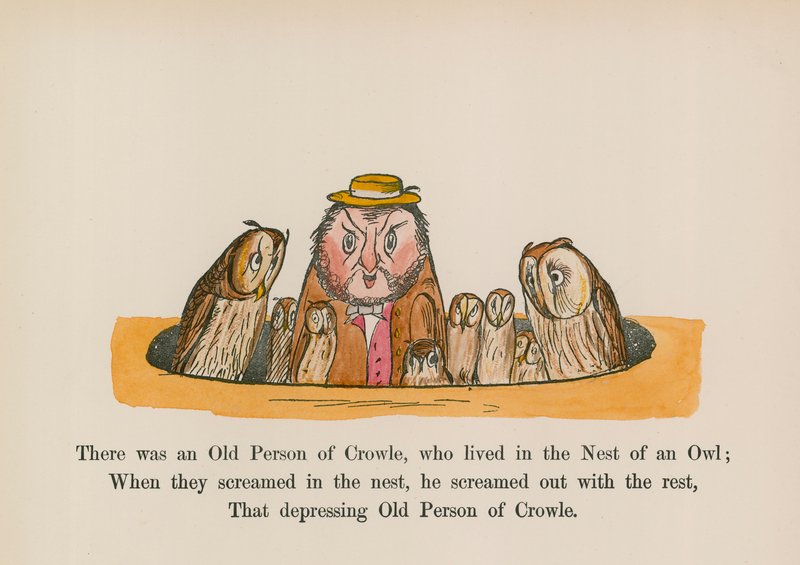 Había un anciano de Crowle, que vivía en el nido de un búho (grabado coloreado) de Edward (after) Lear