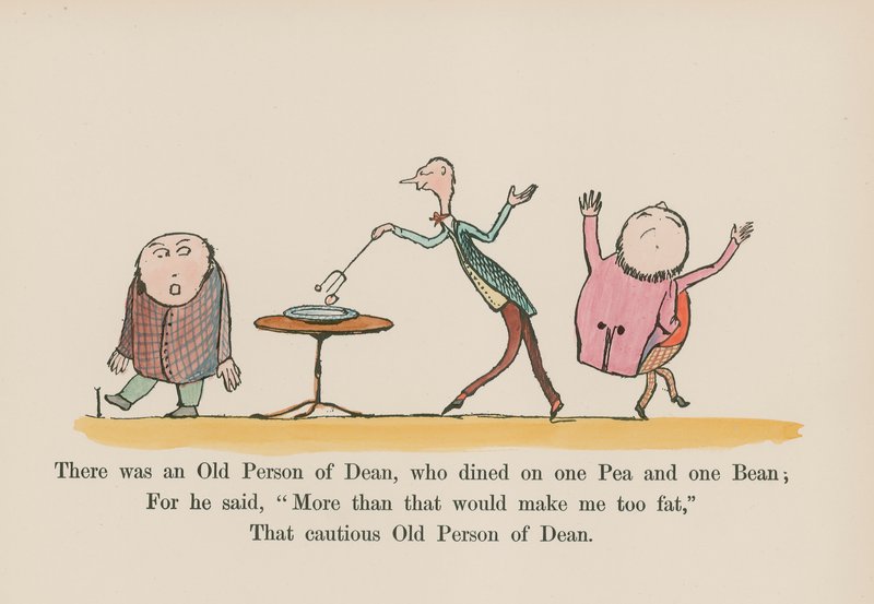 Había un anciano de Dean, que cenaba un guisante y una judía (grabado coloreado) de Edward (after) Lear