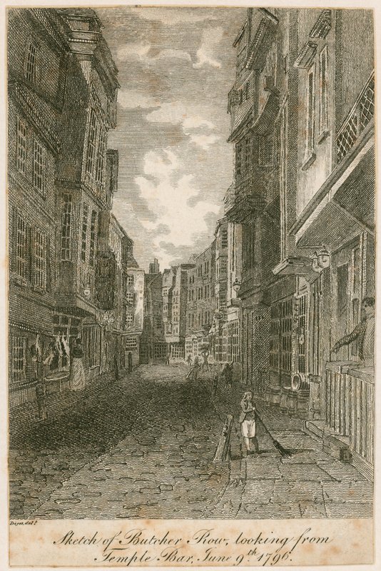 Boceto de Butcher Row, mirando desde Temple Bar, 9 de junio de 1796 de Edward Dayes