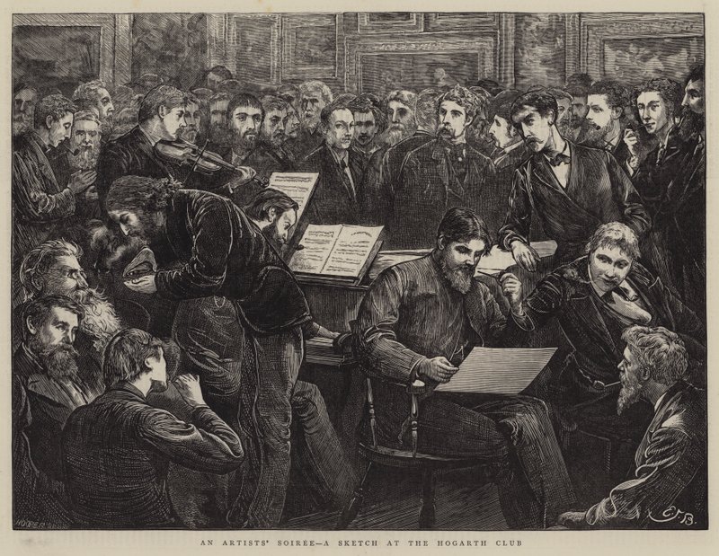 Una velada de artistas, un boceto en el Club Hogarth de Edward Frederick Brewtnall