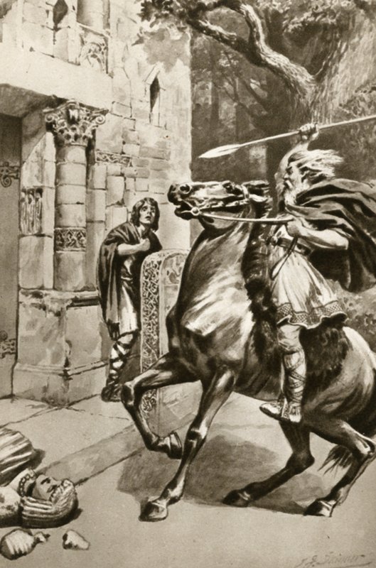 El Sumo Sacerdote Coifi cabalgando por Goodmanham Lane para aplastar a los ídolos, ilustración de 
