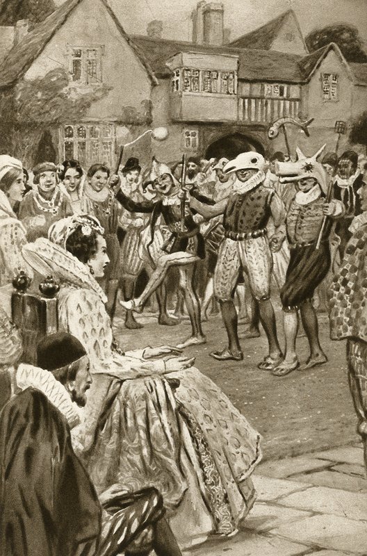 La reina Isabel I entretenida por bufones (litografía) de Edward Frederick Skinner