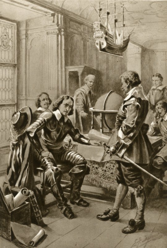 Robert Blake visita a Oliver Cromwell en la Sala del Consejo en Whitehall (litografía) de Edward Frederick Skinner