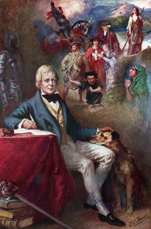 Sir Walter Scott y algunas de sus creaciones más famosas (litografía en color) de Edward Frederick Skinner