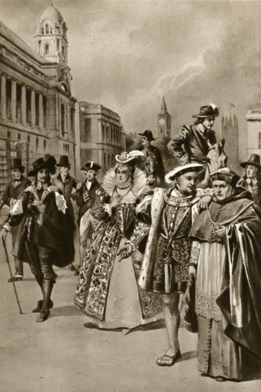 Calles de Londres: Rey Carlos I, Reina Isabel I, Rey Enrique VIII, Cardenal Wolsey (litografía) de Edward Frederick Skinner