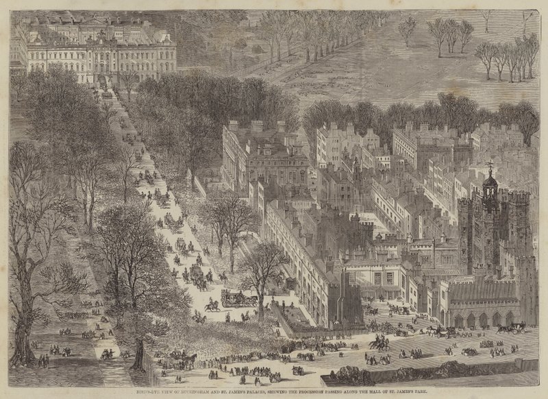 Vista aérea de Buckingham y los palacios de St James, mostrando la procesión pasando de Edward Hull