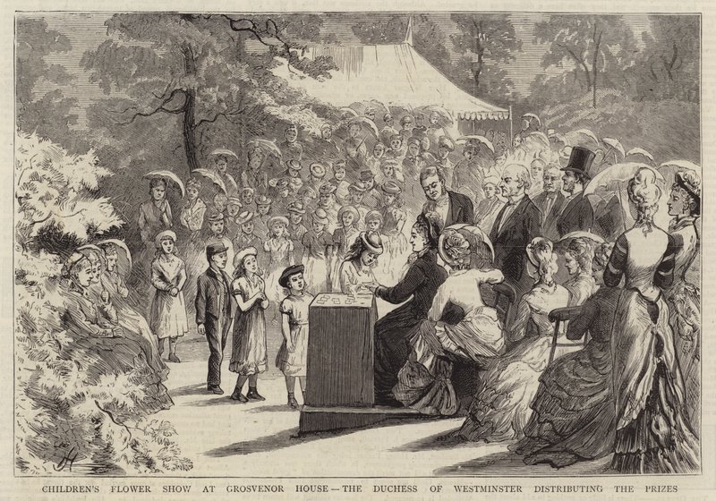 Exposición de flores para niños en Grosvenor House, la Duquesa de Westminster distribuyendo los premios de Edward Killingworth Johnson