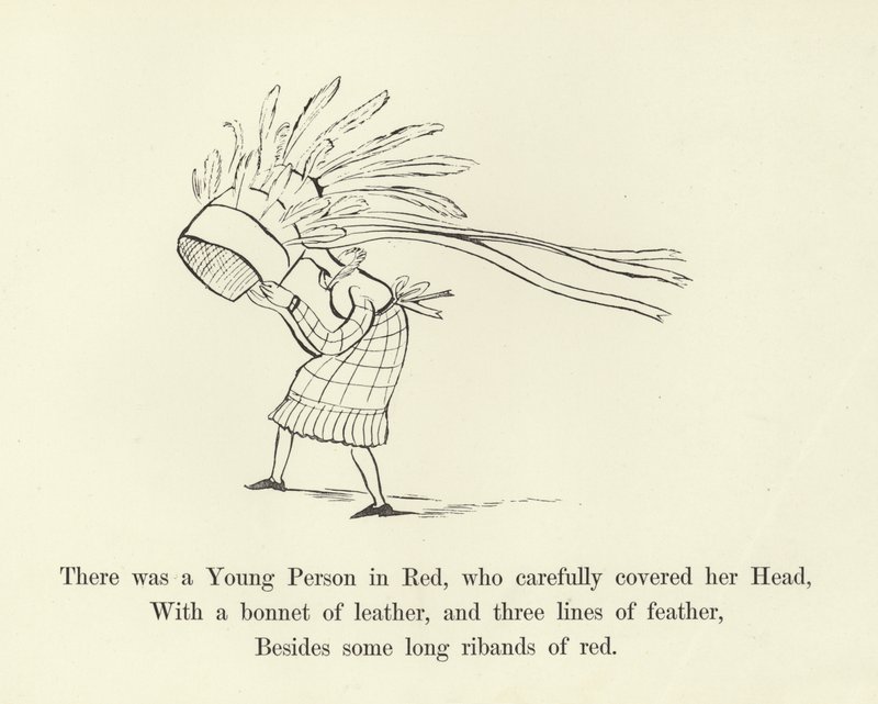 Había una joven persona en rojo, que cuidadosamente cubría su cabeza de Edward Lear