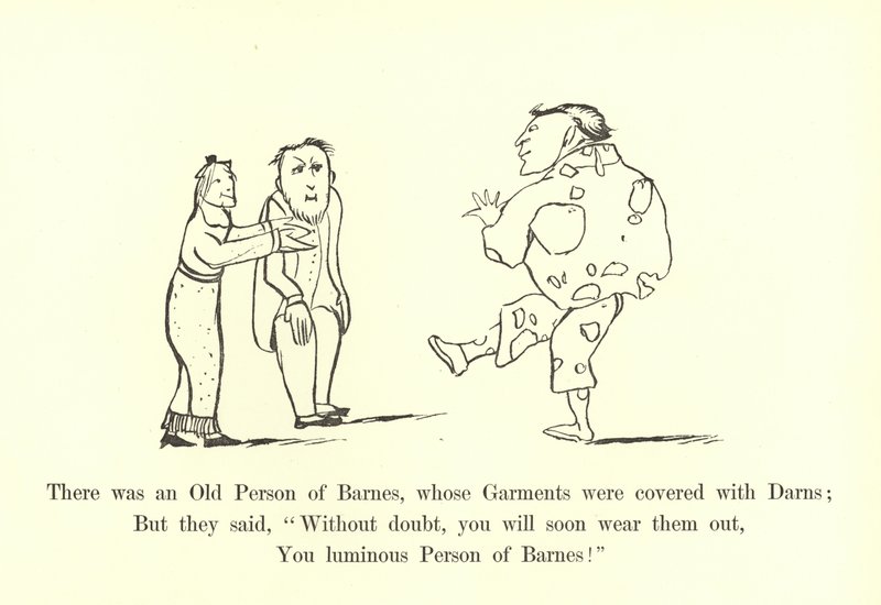 Había una anciana de Barnes, cuyas prendas estaban cubiertas de remiendos de Edward Lear