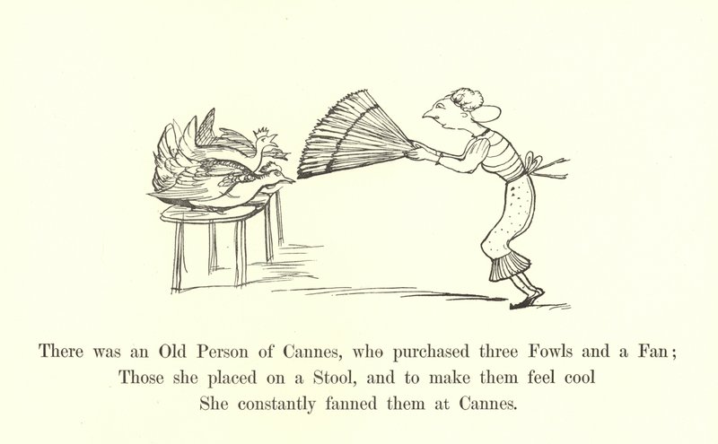 Había una anciana de Cannes, que compró tres gallinas y un abanico de Edward Lear