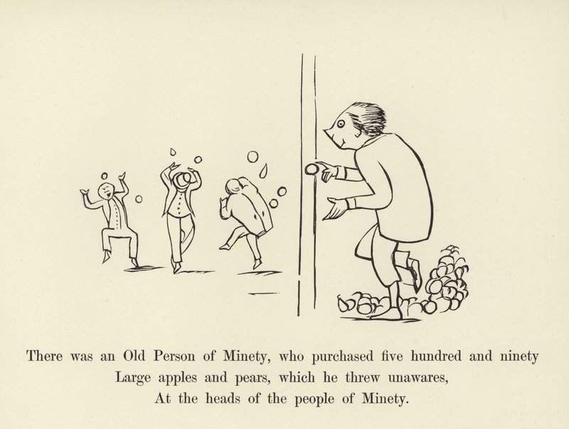 Había una persona mayor de Minety, que compró quinientas noventa manzanas y peras grandes de Edward Lear