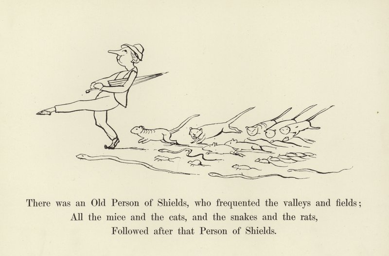 Había una persona mayor de Shields, que frecuentaba los valles y campos de Edward Lear
