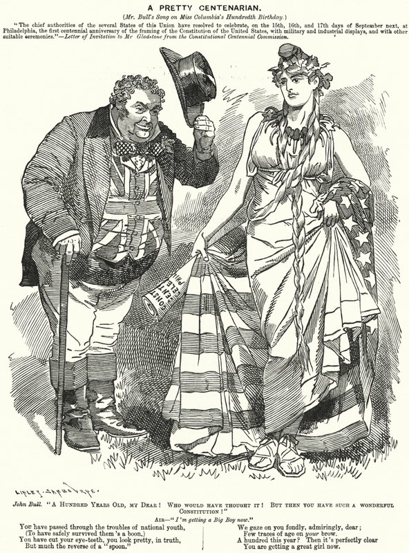 Caricatura de Punch: Una bonita centenaria - el centenario de la redacción de la Constitución de los Estados Unidos (grabado) de Edward Linley (after) Sambourne