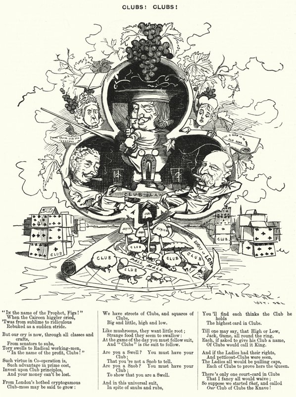 Caricatura de Punch: ¡Clubes! ¡Clubes! - la profusión de clubes de caballeros en Londres (grabado) de Edward Linley (after) Sambourne