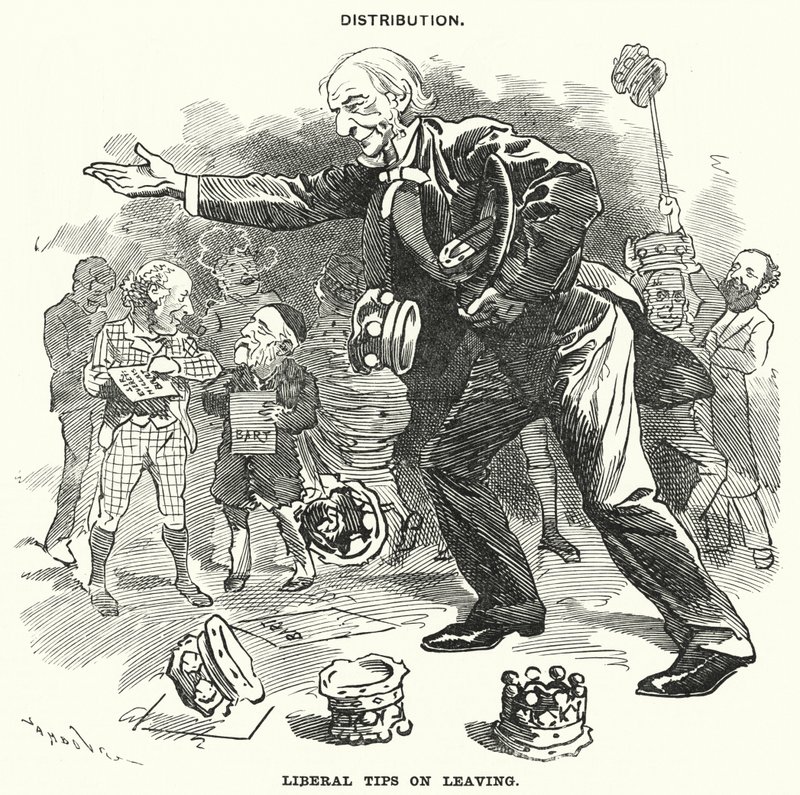 Caricatura de Punch: Distribución. Consejos liberales al partir (grabado) de Edward Linley (after) Sambourne
