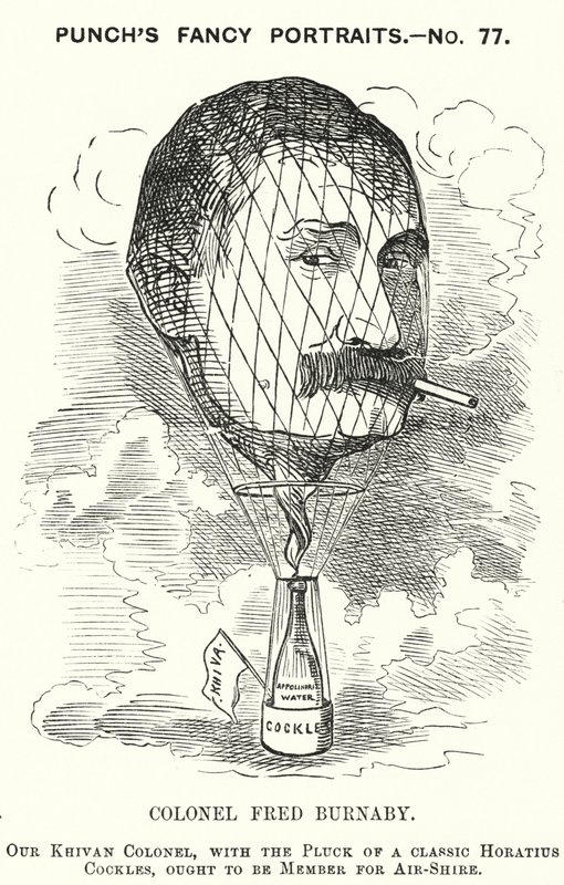 Caricatura de Punch: Frederick Burnaby, oficial de inteligencia del ejército británico y aeronauta (grabado) de Edward Linley (after) Sambourne