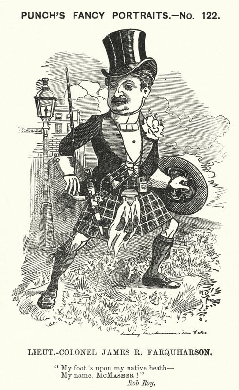 Caricatura de Punch: James Ross Farquharson, soldado escocés de Edward Linley (after) Sambourne