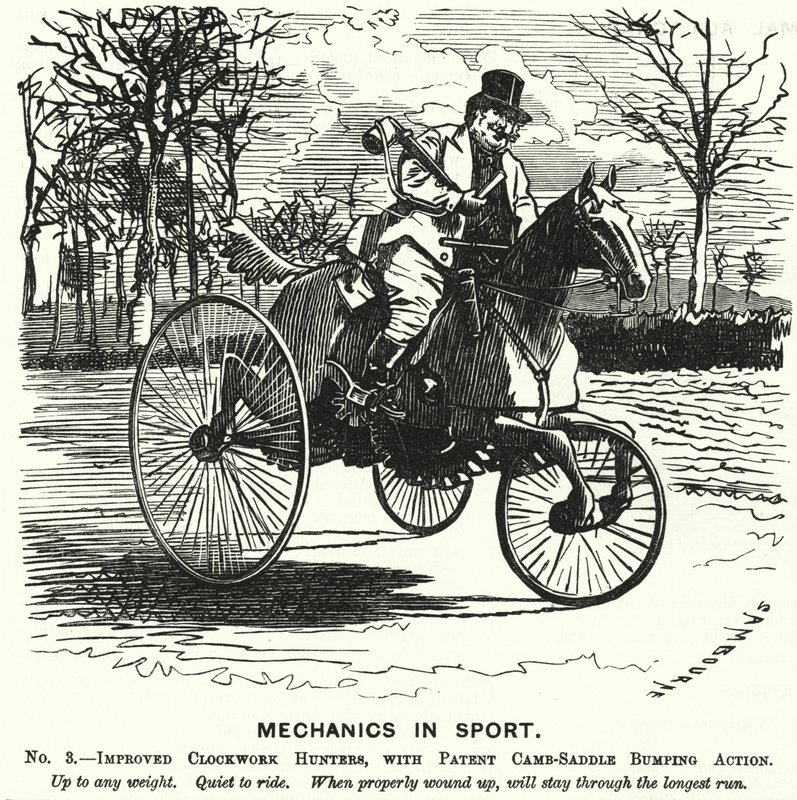 Caricatura de Punch: Mecánica en el Deporte. No 3. - Cazadores de Relojería Mejorados, con Acción de Golpe de Silla de Camb-Patentada de Edward Linley (after) Sambourne
