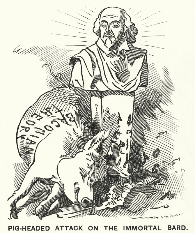 Caricatura de Punch: Ataque testarudo al Bardo Inmortal - la teoría de que las obras de William Shakespeare fueron escritas por Sir Francis Bacon (grabado) de Edward Linley (after) Sambourne