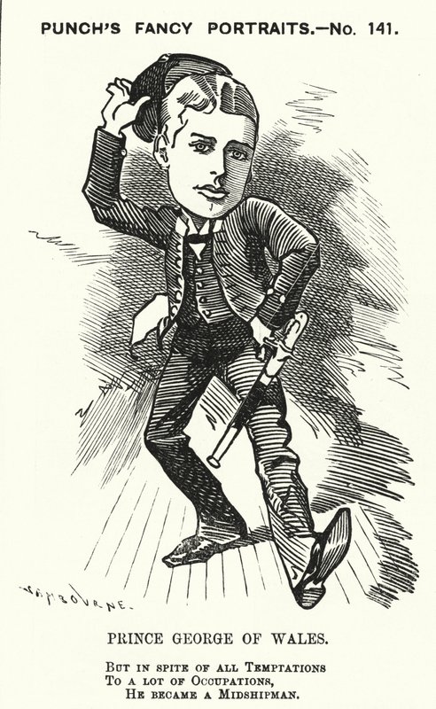 Caricatura de Punch: Príncipe Jorge de Gales, el futuro Rey Jorge V, como guardiamarina en la Marina Real (grabado) de Edward Linley (after) Sambourne