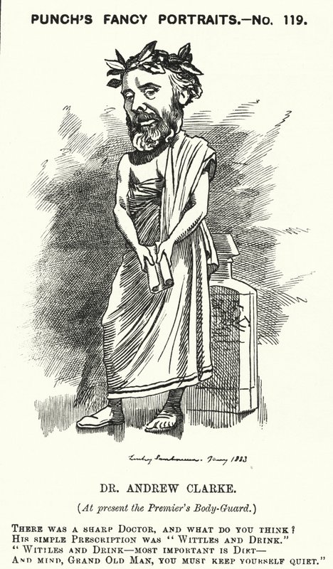 Caricatura de Punch: Sir Andrew Clarke, médico británico, médico de William Ewart Gladstone (grabado) de Edward Linley (after) Sambourne
