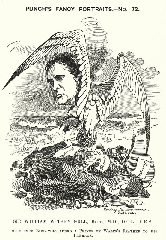 Caricatura de Punch: Sir William Withey Gull, médico inglés que trató al Príncipe de Gales por fiebre tifoidea y se convirtió en Médico Ordinario de la Reina Victoria de Edward Linley (after) Sambourne