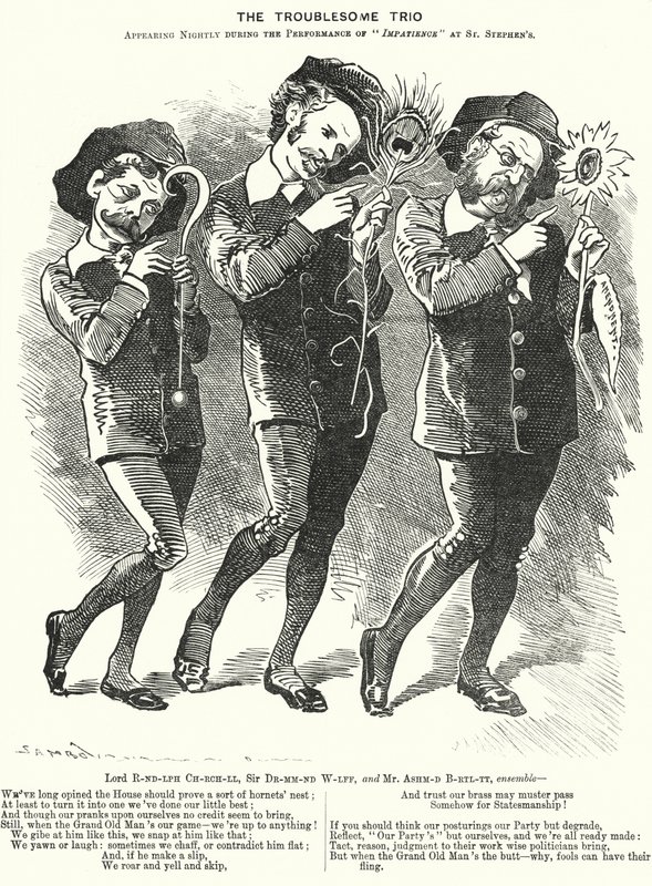 Caricatura de Punch: El trío problemático: Lord Randolph Churchill, Henry Drummond Wolff y Ellis Ashmead-Bartlett, políticos conservadores británicos de Edward Linley (after) Sambourne