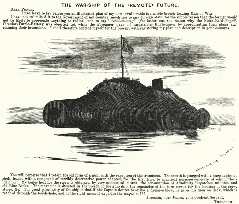 Caricatura de Punch: El buque de guerra del (remoto) futuro (grabado) de Edward Linley (after) Sambourne