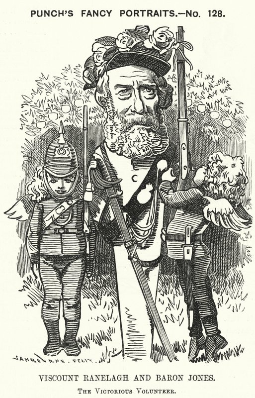 Caricatura de Punch: Thomas Heron Jones, 7º Vizconde Ranelagh y Barón Jones de Navan, promotor del movimiento voluntario para el Ejército Británico (grabado) de Edward Linley (after) Sambourne