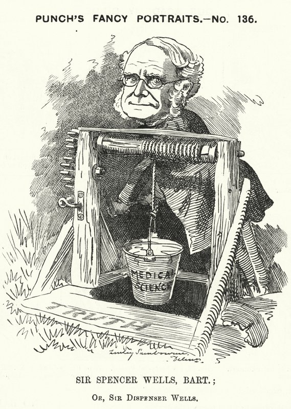 Caricatura de Punch: Thomas Spencer Wells, médico inglés, cirujano de la Reina Victoria (grabado) de Edward Linley (after) Sambourne