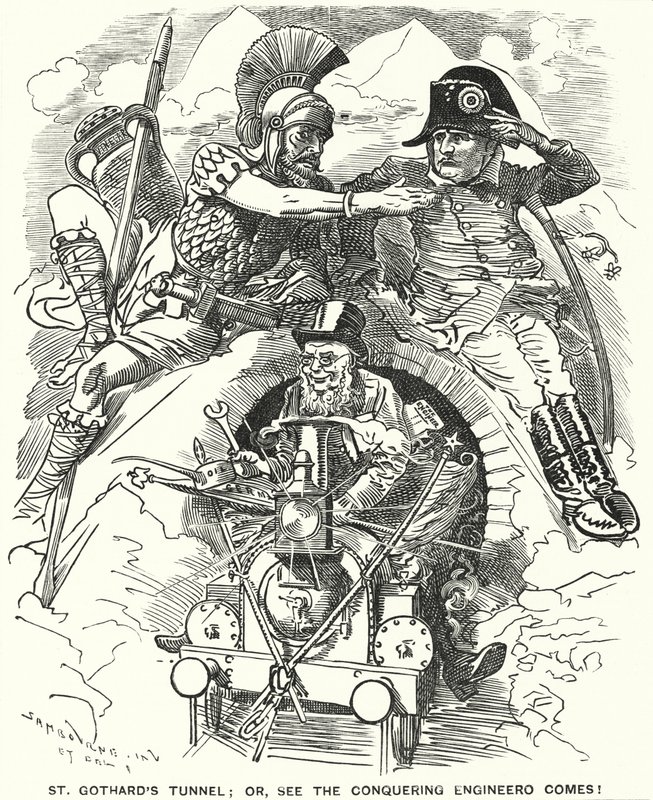 Caricatura de Punch: finalización del túnel ferroviario de San Gotardo bajo los Alpes de Edward Linley (after) Sambourne