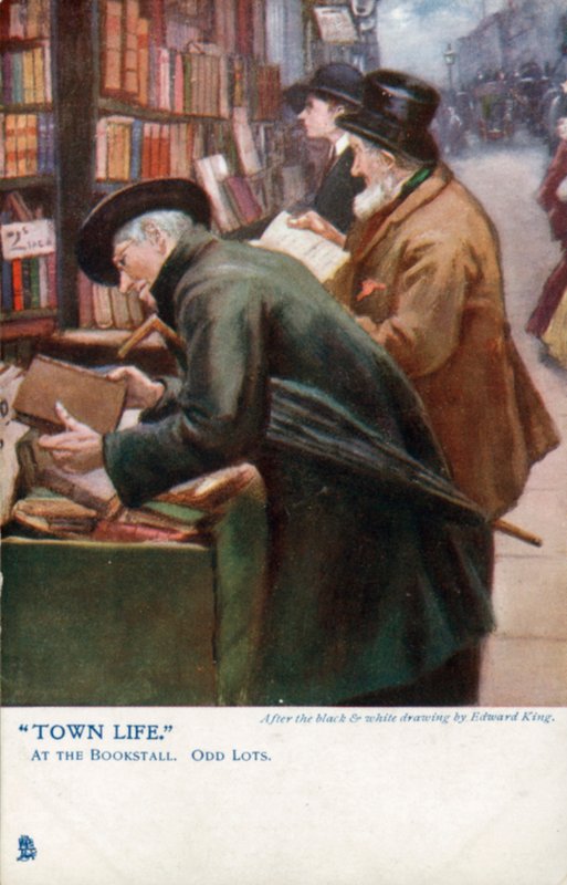 Vida en la ciudad: clientes mirando en un puesto de libros de Edward R. King