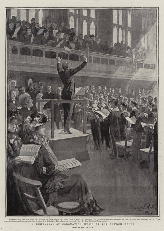 Ensayo de la música de coronación en la Casa de la Iglesia de Edward Read