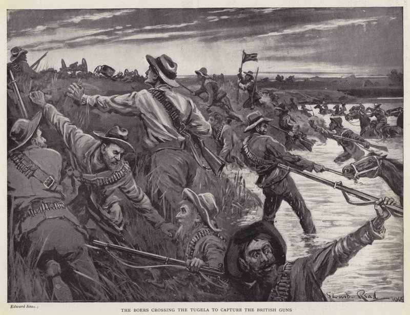 Los bóers cruzando el Tugela para capturar los cañones británicos (litografía) de Edward Read