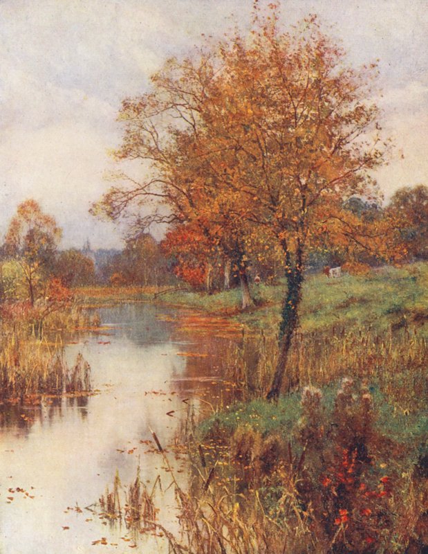 Las hojas muertas caen suave y tristemente por el aire tranquilo y dulce (litografía en color) de Edward Wilkins Waite