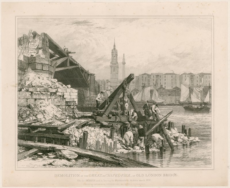 Demolición de parte del Puente Viejo de Londres. Marzo 1832 de Edward William Cooke