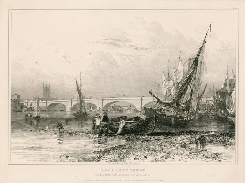 Nuevo Puente de Londres, desde Billingsgate (marea baja) dibujado el 31 de julio de 1832 de Edward William Cooke
