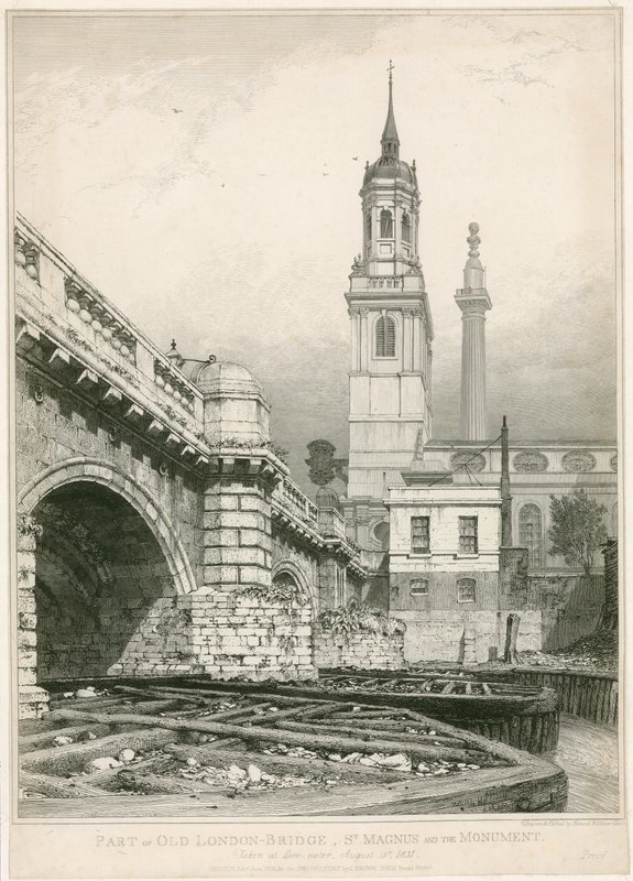Parte del Puente de Londres Antiguo, St Magnus y el Monumento de Edward William Cooke